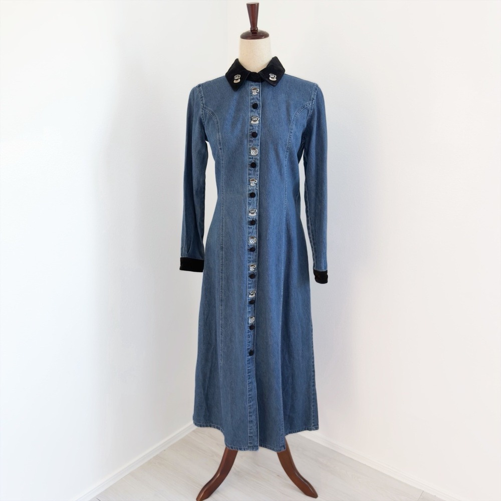 VTG Sophia Rose Denim Dress Size 8 Velvet Trim Blue Embroidered Coffee Friends